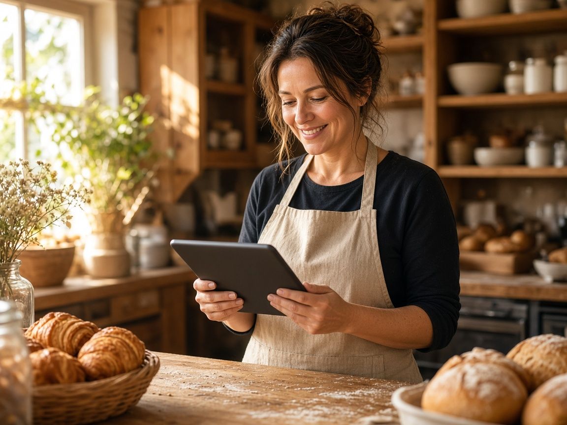 Illustrative image: a smiling cafe and bakery owner in an apron checking a tablet beside fresh bread and pastries.