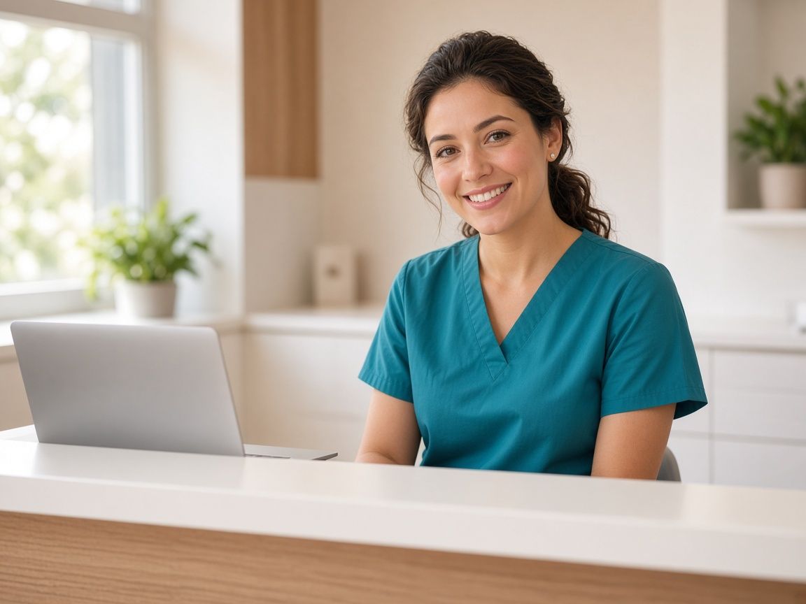 Illustrative image: a smiling front-desk receptionist in teal scrubs seated at a bright clinic counter with a laptop.